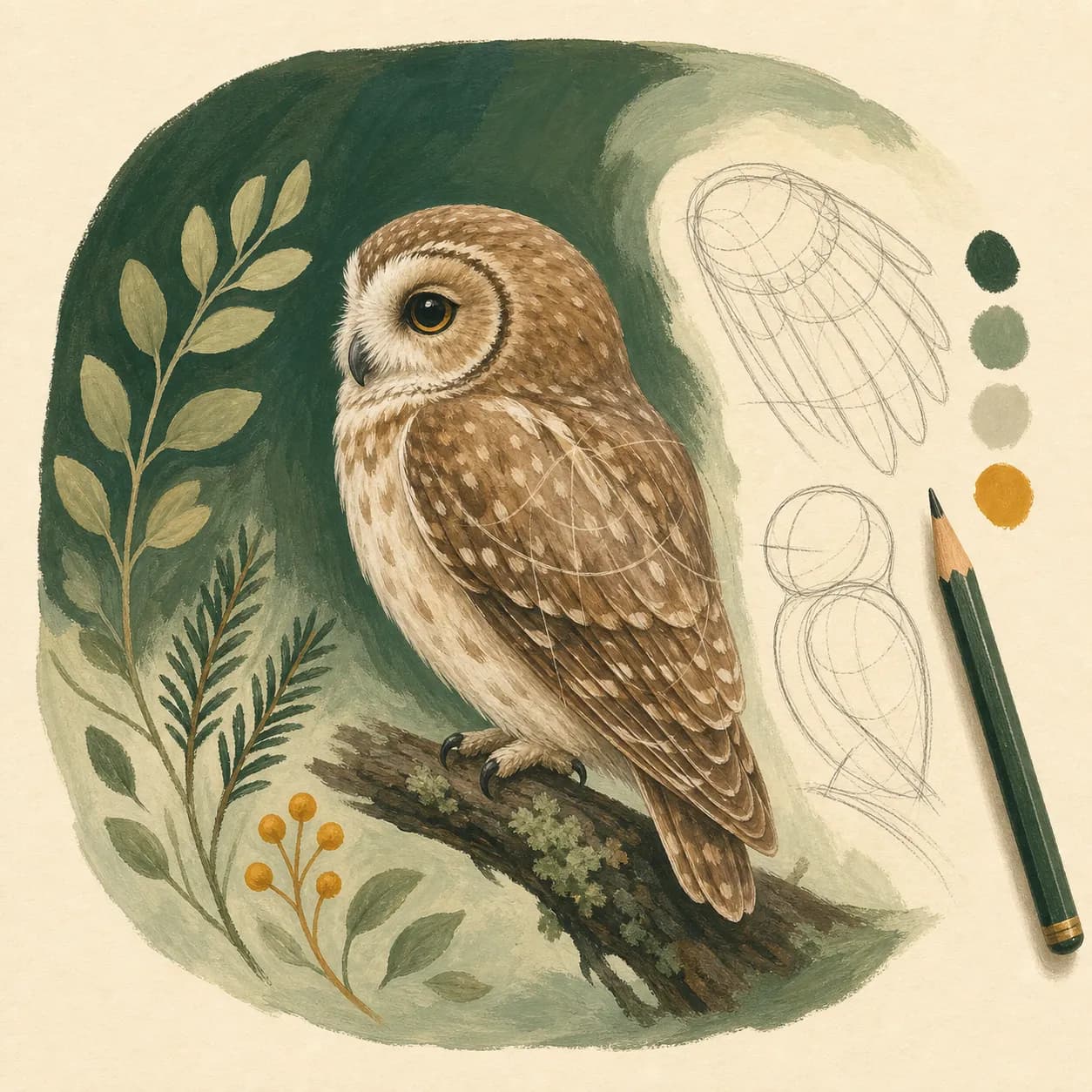 Owl anatomy study illustration